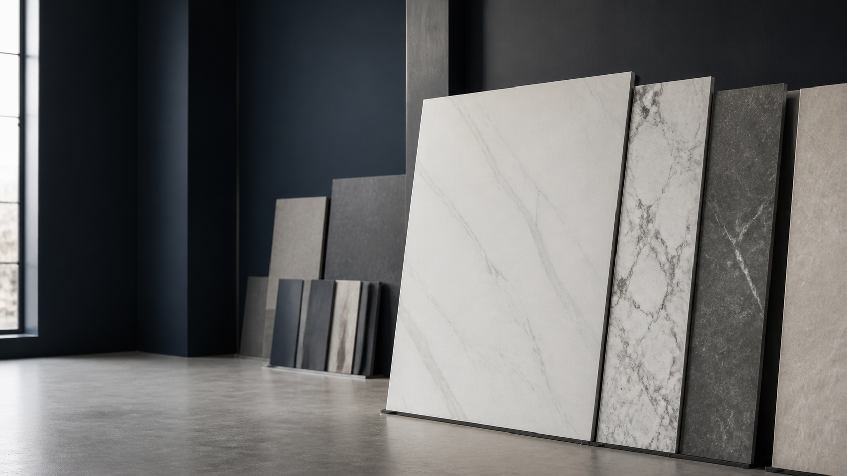 Neutral stone slabs arranged in an architectural materials setting